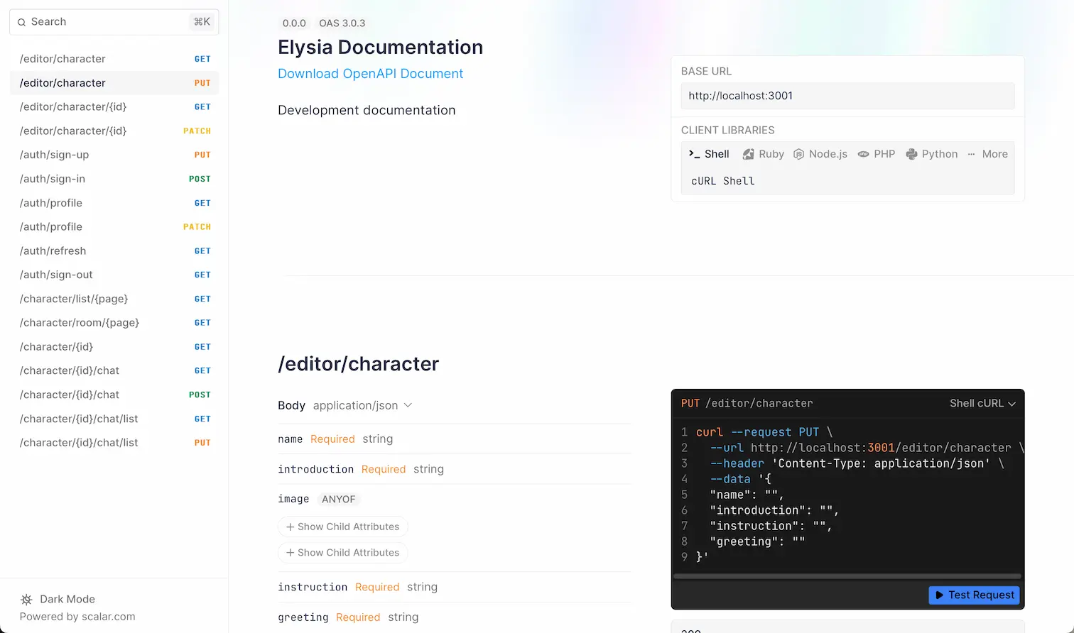 Scalar documentation generated by Elysia using Elysia OpenAPI plugin